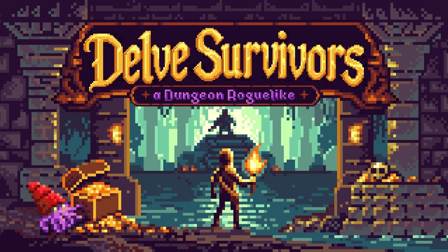 Delve Survivors — 松明を手にダンジョンへ進む冒険者を描いたピクセルアートのキービジュアル