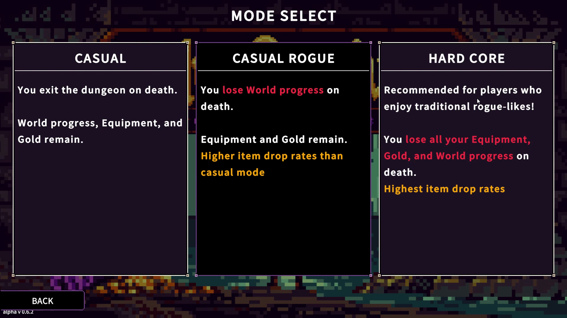 CASUAL、CASUAL ROGUE、HARD COREのモード選択画面